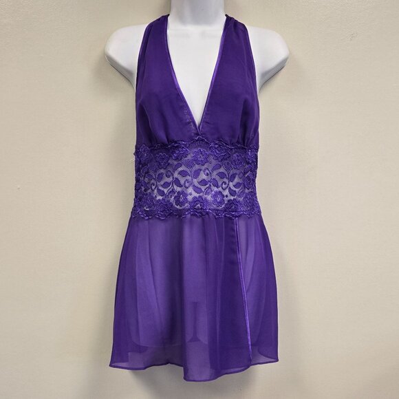 Cinema Etoile Seductivewear Purple Lace Sheer Robe and Chemise Set Medium - Picture 2 of 15